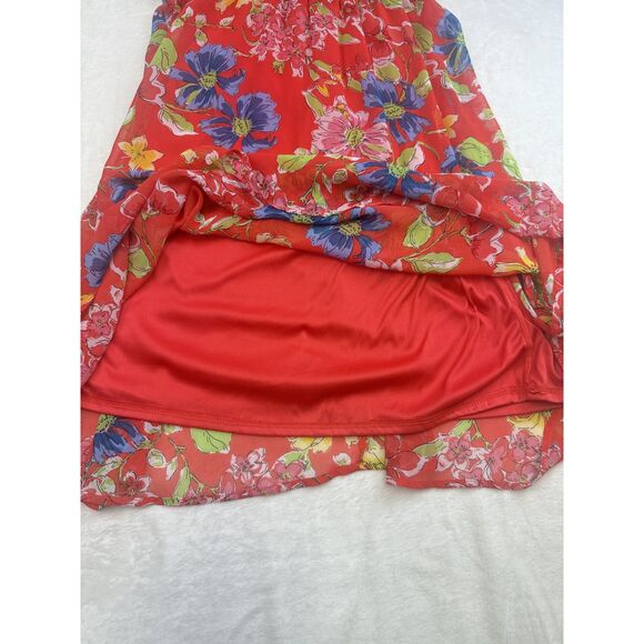Jessica Simpson Dress Womens Medium Red Floral Ruffle Sleeve Smocked Waist Midi - Picture 12 of 12